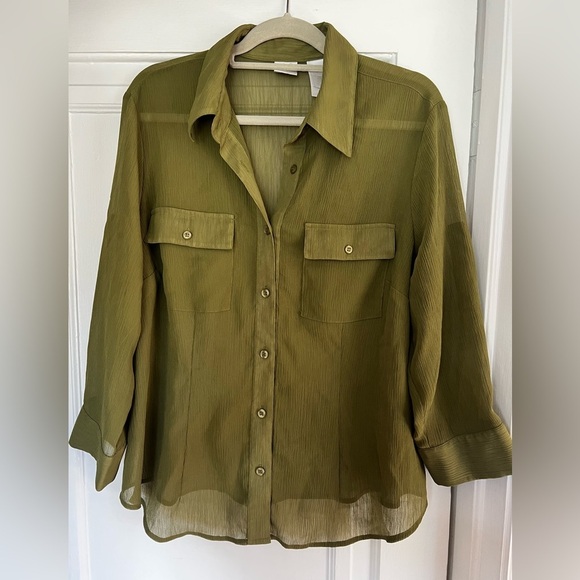 Emma James 16W Sheer Olive Green Blouse Plus Size Button Down Lightweight Top - Picture 4 of 8